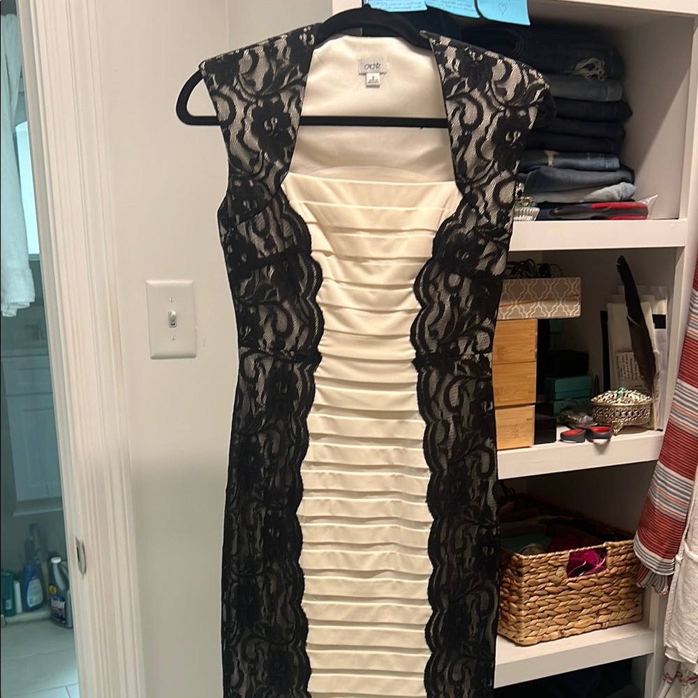 Cache Black and White Pleated Ruched Sheath Midi Dress